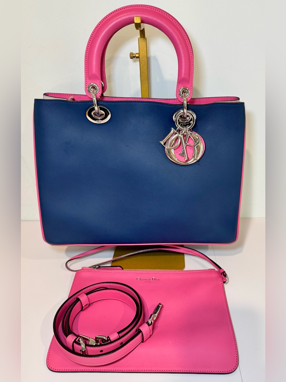 Christian Dior Medium Diorissimo Bag in Navy/Pink/White Calfskin Leather W Strap